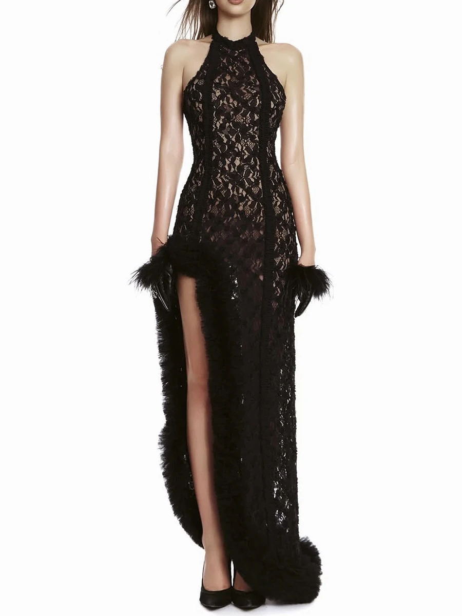TWOTWINSTYLE Spliced Flower Slimming Maxi Dress for Women Halter Sleeveless Patchwork Artificial Fur Sheer Dresses Female New