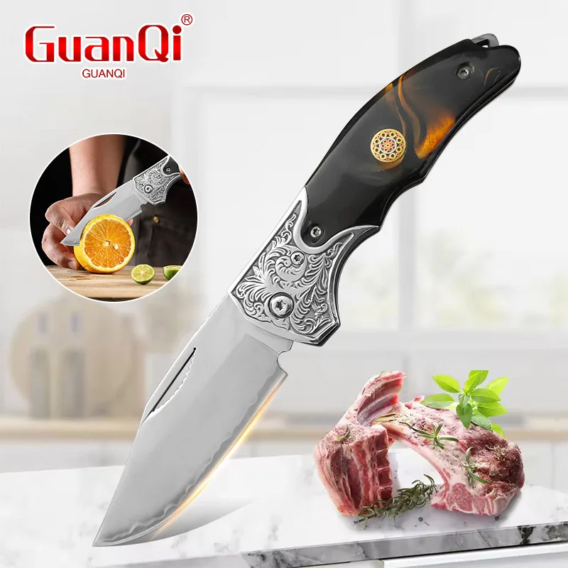 Stainless Steel Folding Fruit Knife Meat Cleaver Fruit Paring Vegetable Cutter Utility Knife Resin Handle Portable Pocket Knife