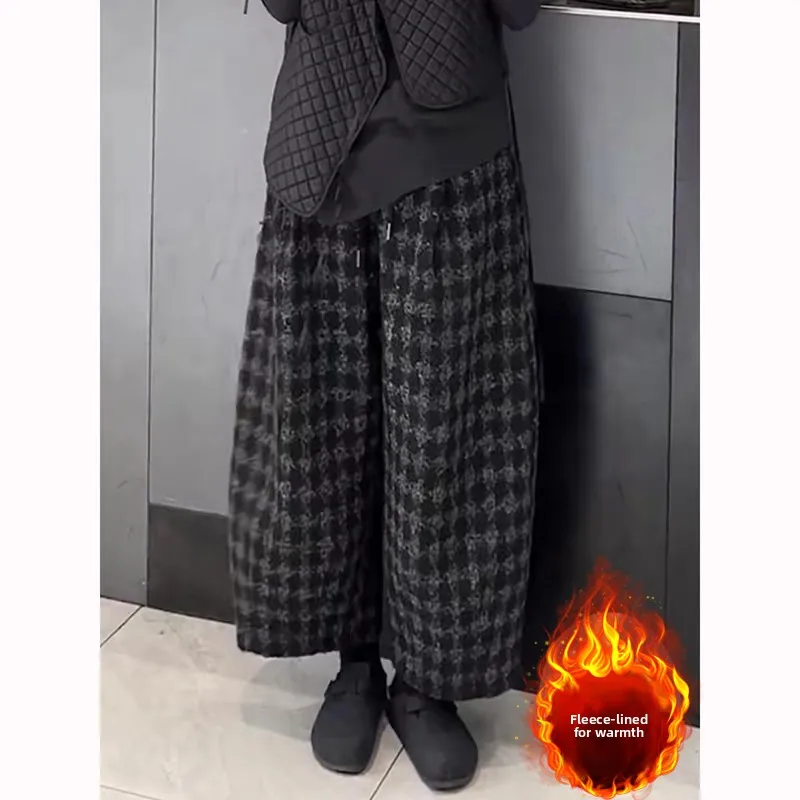 Ele Plaid Fce gevoerde broek met wijde pijpen Casual recht gesneden winter losse afslankbroek voor dames in grote maten