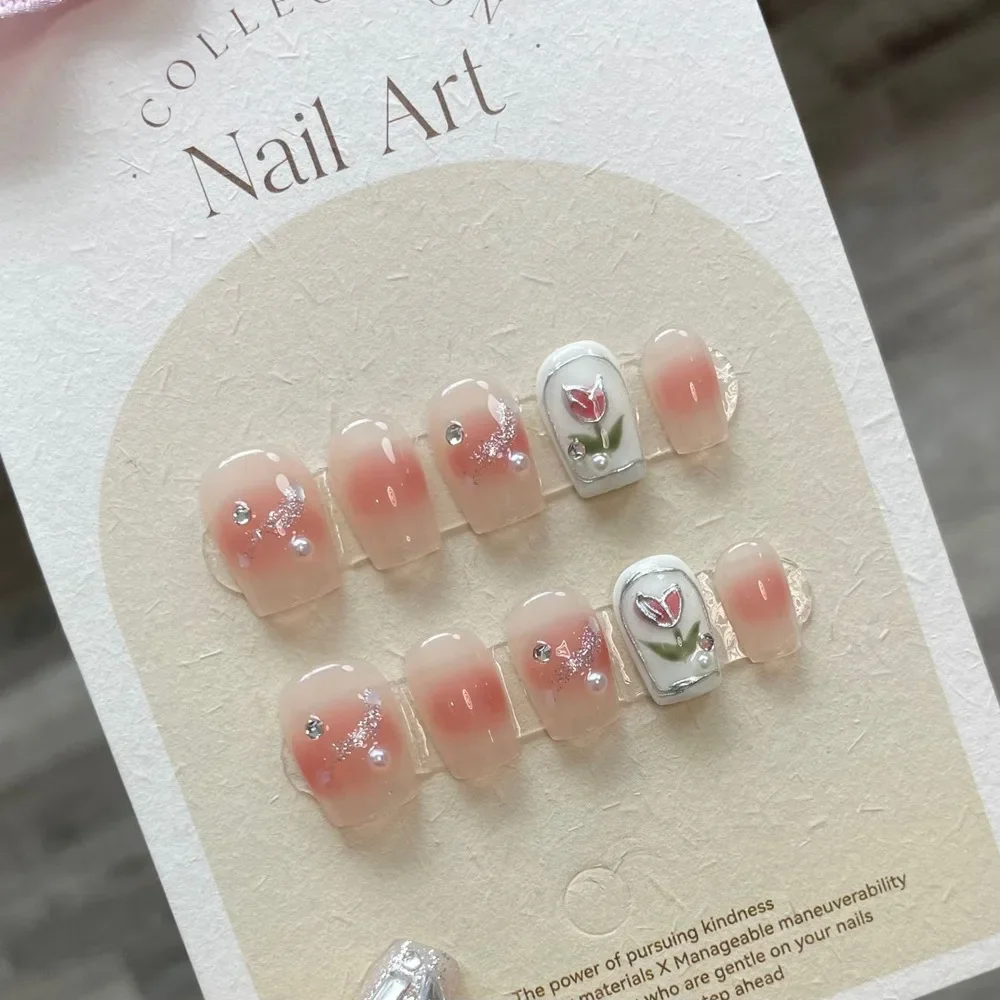 

Handmade Fairy Press on Nails Short Korean Hand Paint Design Reusable Adhesive False Nails Artifical Acrylic Nail Tips Nail Art