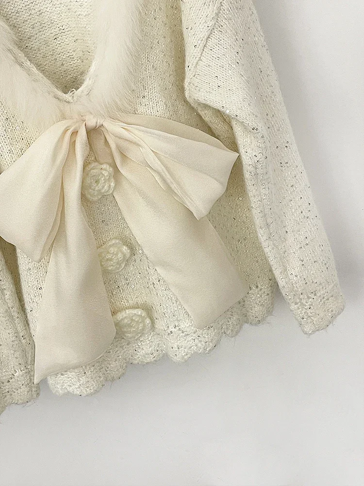 Women 2025 Flowers Bow Knit Pullovers Jacket New Spring Autumn Loose Sequins Clothes Female Real Fox Fur Back-length Sweater