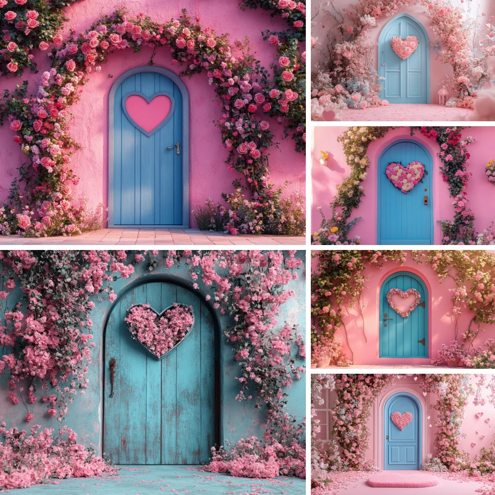 

Valentine's Day Backdrop Pink Flowers Love Heart Wall Floral Wedding Party Valentine Couple Portrait Photography Background Deco