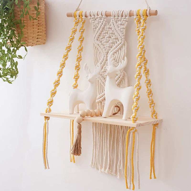 Macrame Wall Hanging Tapestry With Wooden Shelf Handwoven Bohemia Tassel Curtain Tapestry Wedding Backgrooud Wall Decor Gift