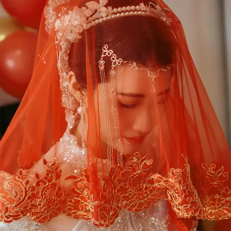 

Classic Red Bridal Wedding Dress Veil Simple Lace Headpiece for Bridal One-Layer Women Girl Floral Embroidery Head Cover