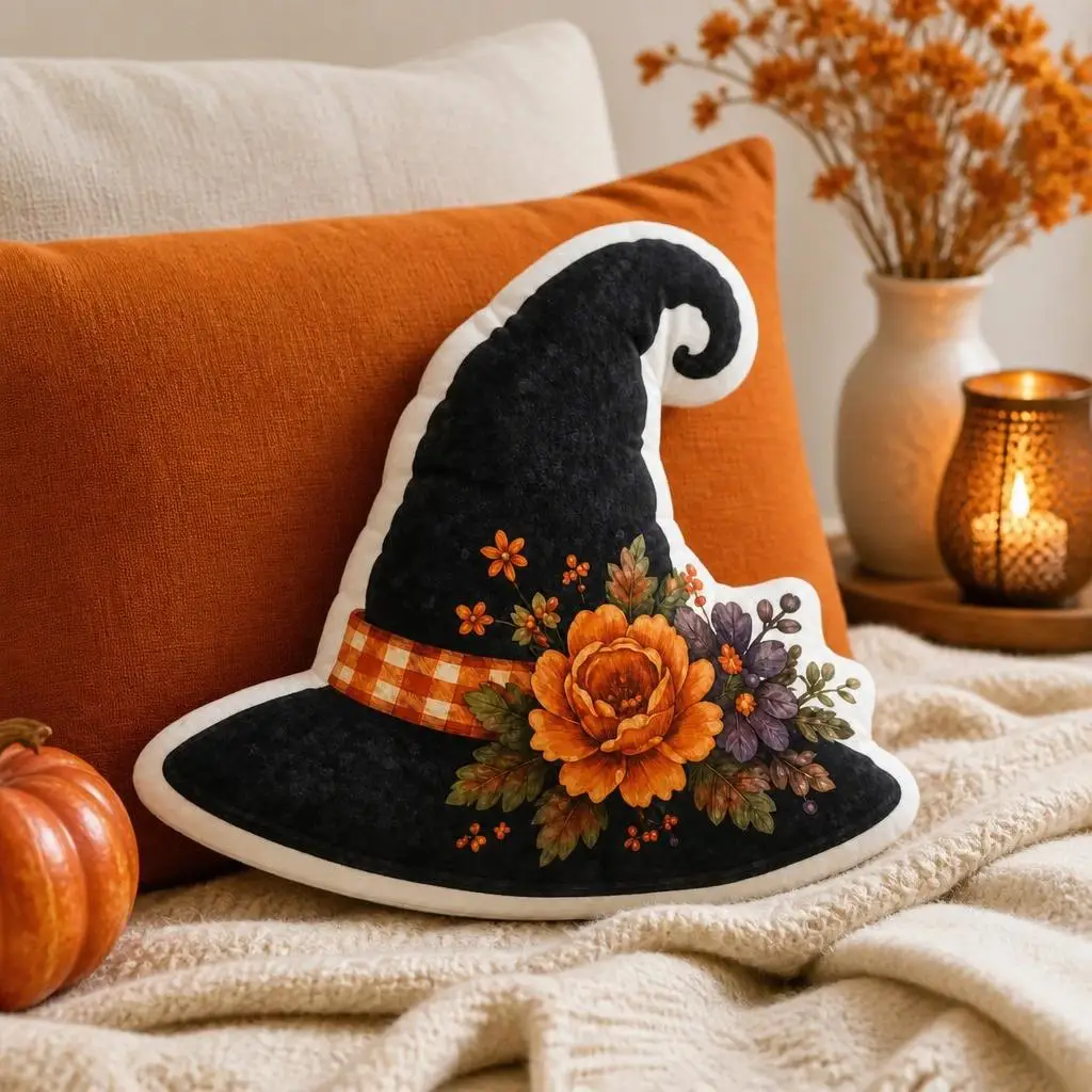 Witch Halloween Witchy Floral Autumn Magic Stars Spooky Plush Pillow Cushion Stuffed Throw Pillow Home Decor Gift Sofa Bed