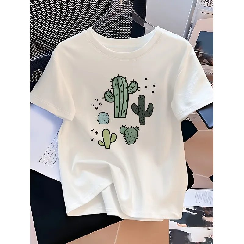 Casual T-shirt Loose Fit Women's Fashionable Short Sleeved T-shirt Cactus Print Round Neck T-shirt Summer Women's Loose Top