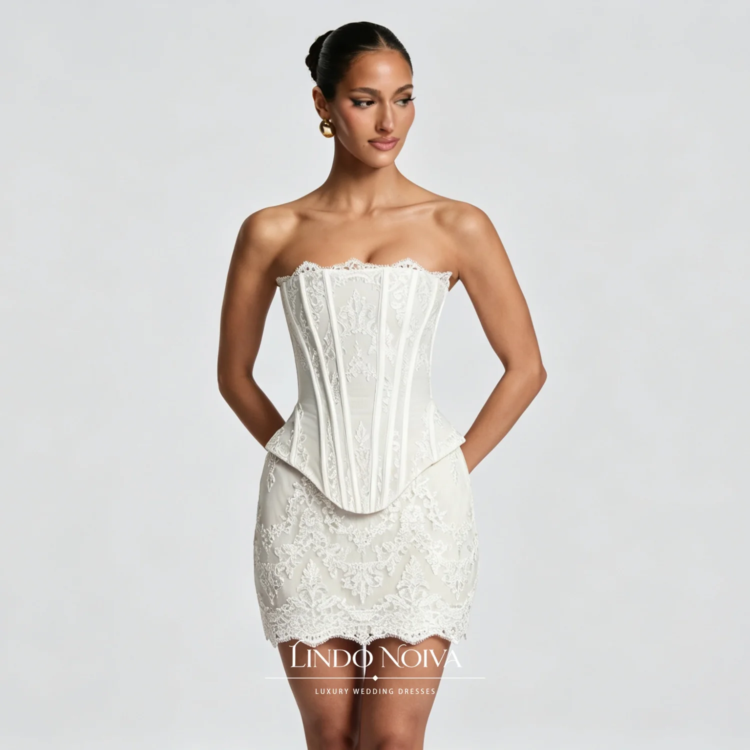 LINDO NOIVA Customized Ivory Mini Skirt Wedding Dress Corded Lace LINDO NOIVA Customized Ivory Mini Skirt Wedding Dress Corded Lace
