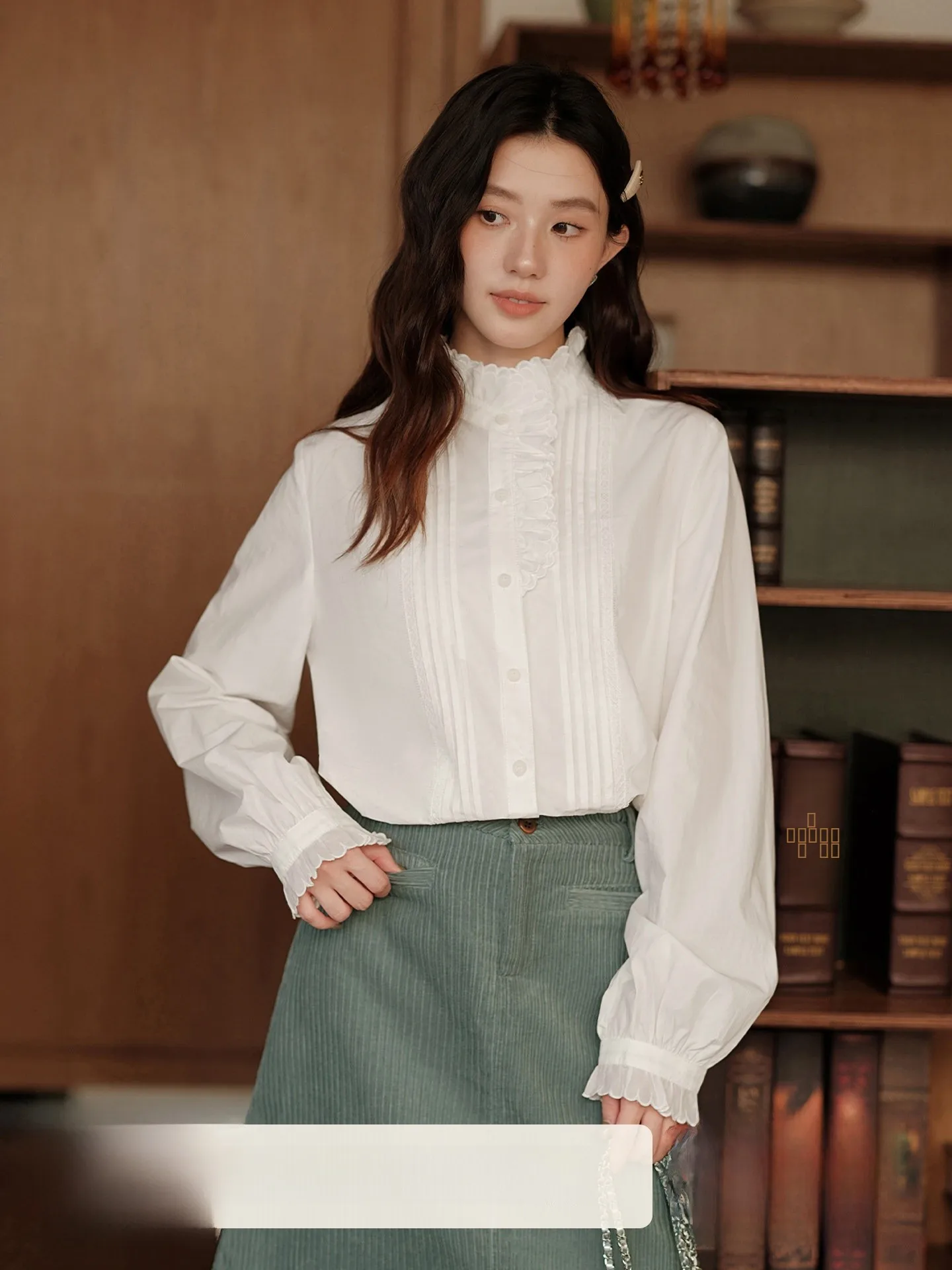 

Wooden Easy Lantern Sve Ruffle Collar White irt Women Early Autumn Retro Unique High Sense of Prure irt Cotton Fren...