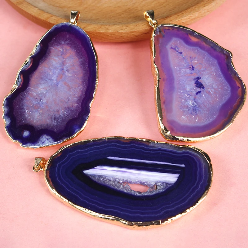 Irregular Big Natural Agate Slice Pendant for Women Men Geode Stone Healing Crystal Necklace with Gold Edge