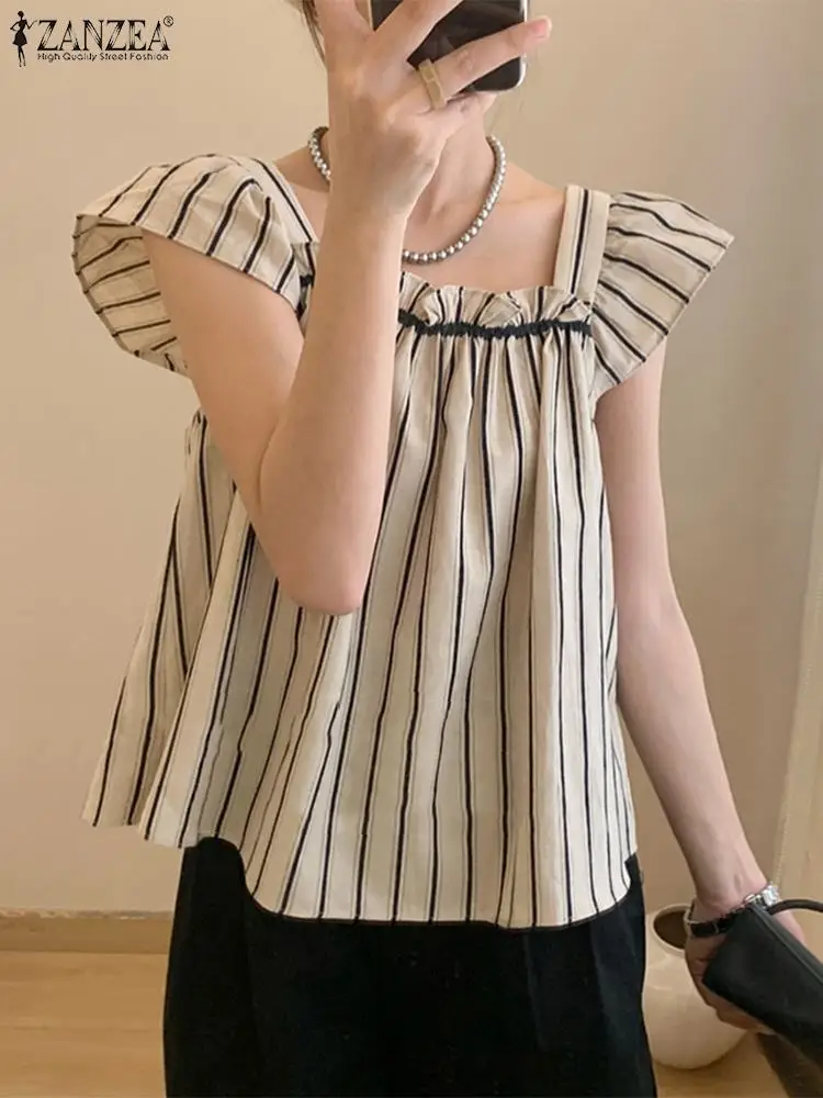 ZANZEA Korean Fly Sleeve Blouse Women Sweety Square Collar Tops Summer Fashion Striped Tunic 2024 Elegant Female Blusas Oversiez