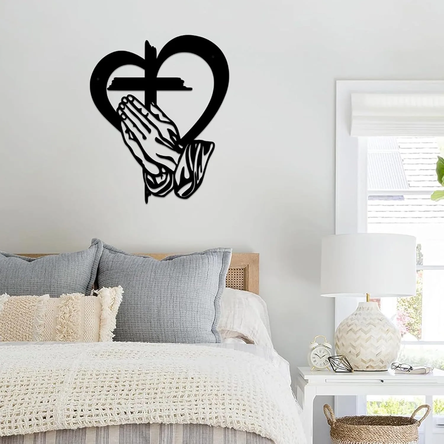 Vintage Rustic Praying Hands Cross Wall Decor, Distressed Black Iron Heart Cross Wall Art, Farmhouse Christian Religious Home