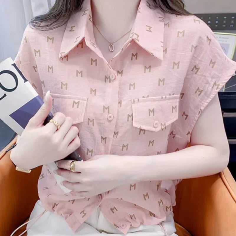 Short-sleeved Chiffon Shirt for Women Printed Loose Drawstring Shirt 2025 Summer New Fashion Small Shirt Short Top for Women