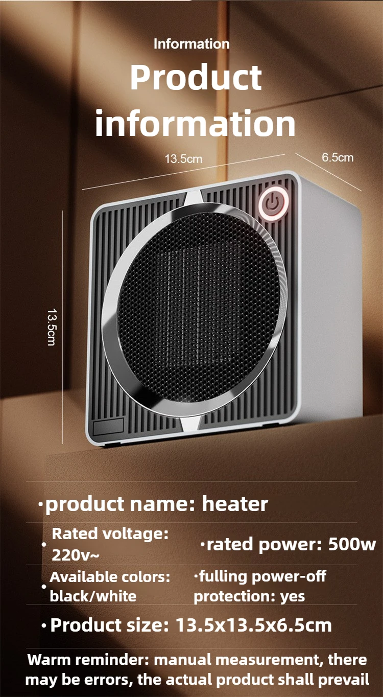 500W Aquecedor de baixa potência Cerâmico PTC Aquecedor doméstico Desktop Aquecimento inteligente Aquecedor elétrico 180 °   Fornecimento de ar grande angular UE Reino Unido