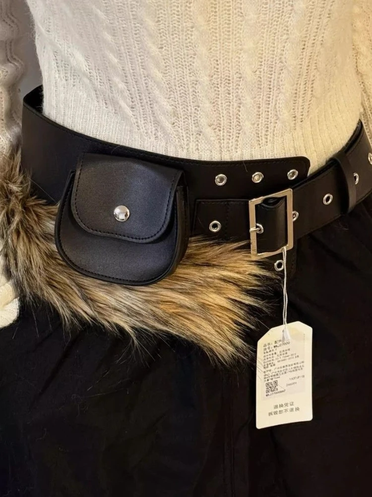 women-punk-y2k-brown-faux-fur-patch-pin-buckle-pu-belt-with-mini-pouch-for-women-western-style-accessory-outfit-enhancer
