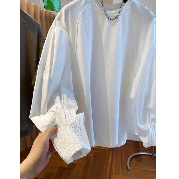 Solto feminino longo sve branco algodão irt camiseta interior usar camada base superior início do outono suor emenda algodão puro