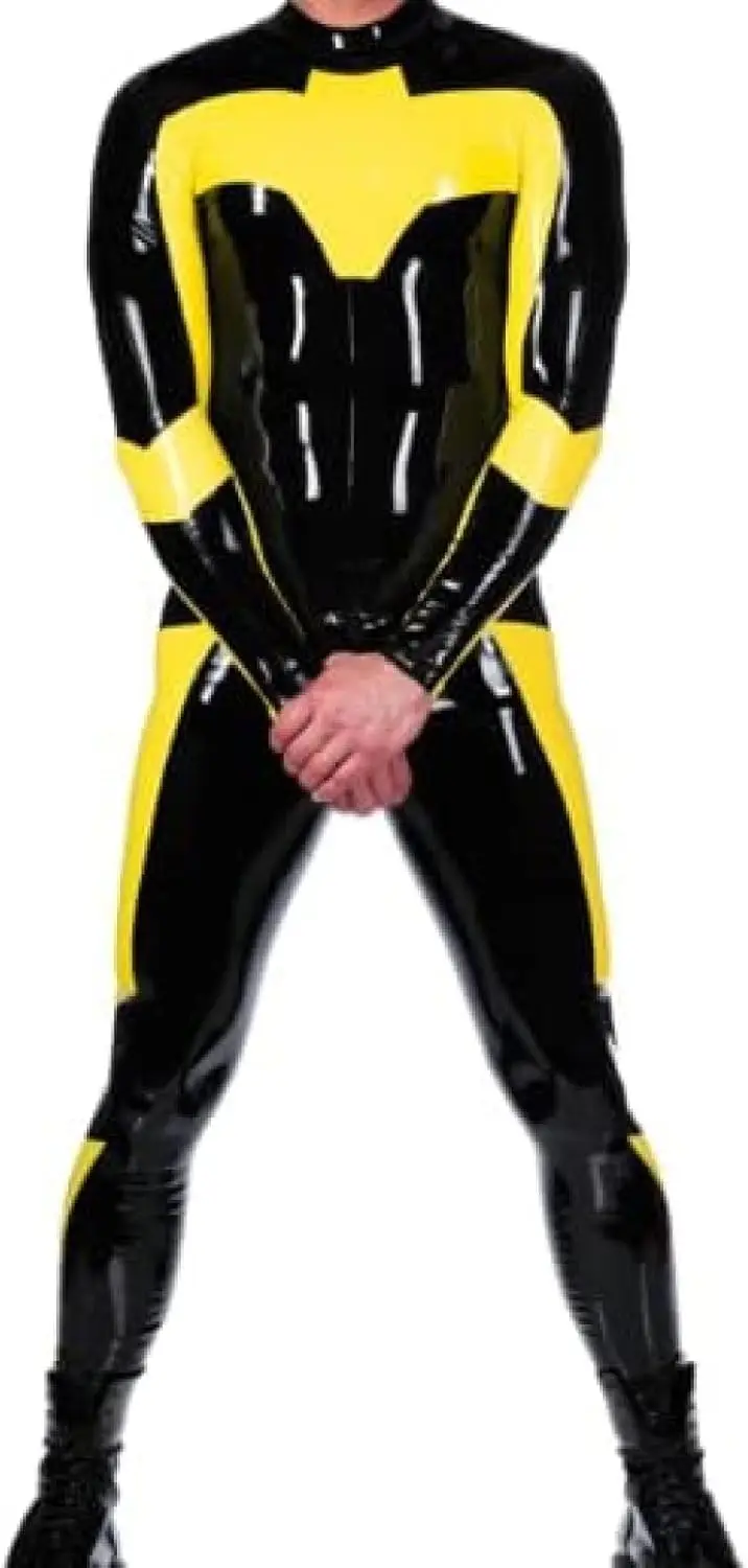 

Latex Catsuit Rubber Black and Yellow Patchwork Jumpsuit Role Play Party Hand Customized