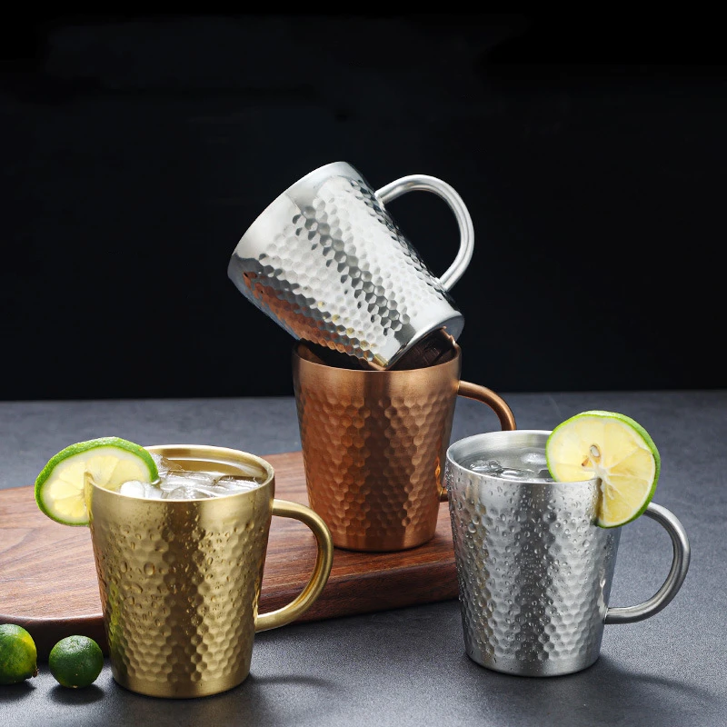 Hammered Texture Coffee Cup 304 Stainless Steel Double Wall Anti-scalding Handle Tea Cup Juice Drink Milk Coffee Travel Mug