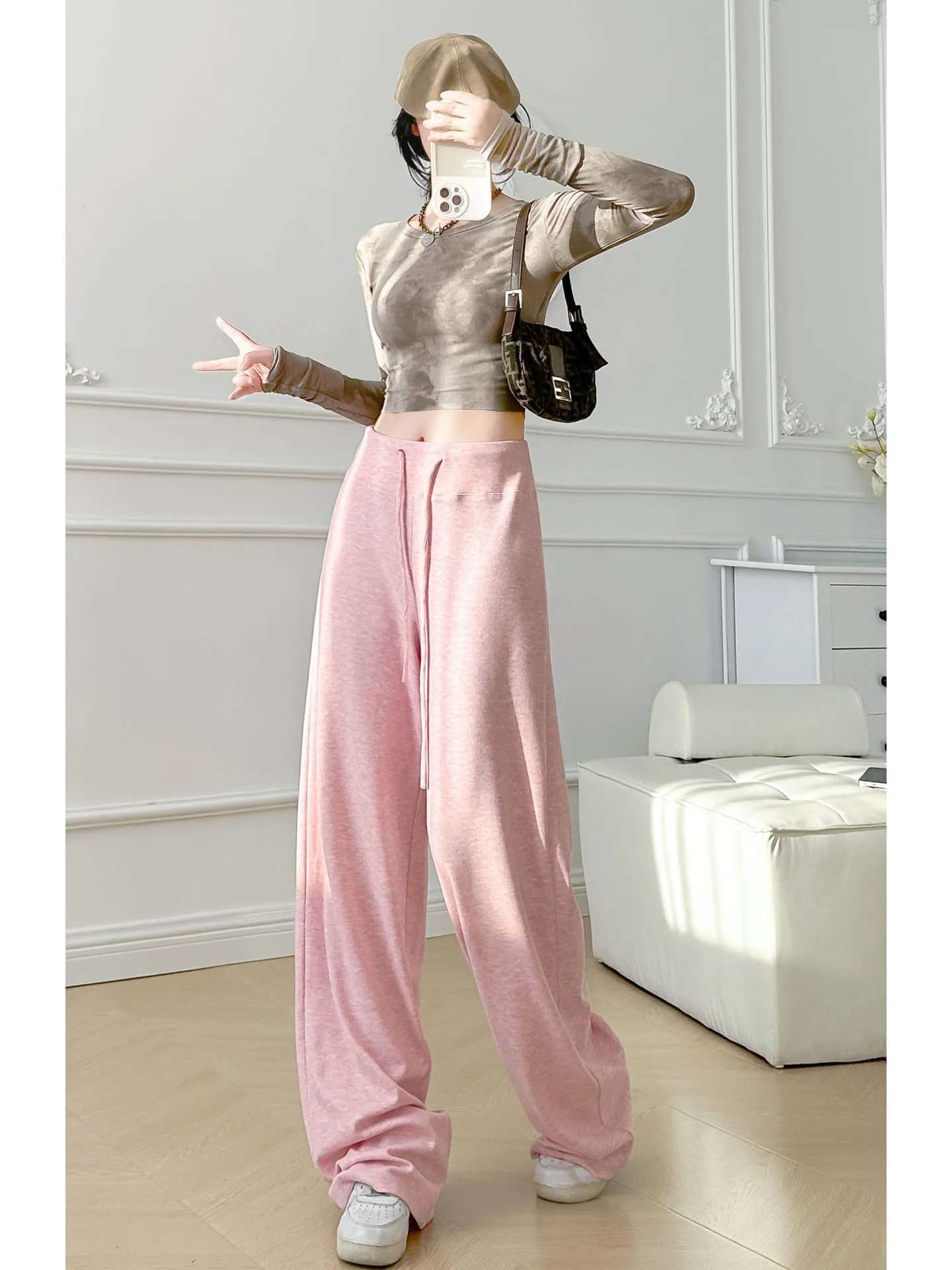 Pantaloni a gamba larga Dstring a vita alta Pantaloni fitn da yoga larghi casual da donna Pantaloni a gamba dritta lunghi fino al pavimento