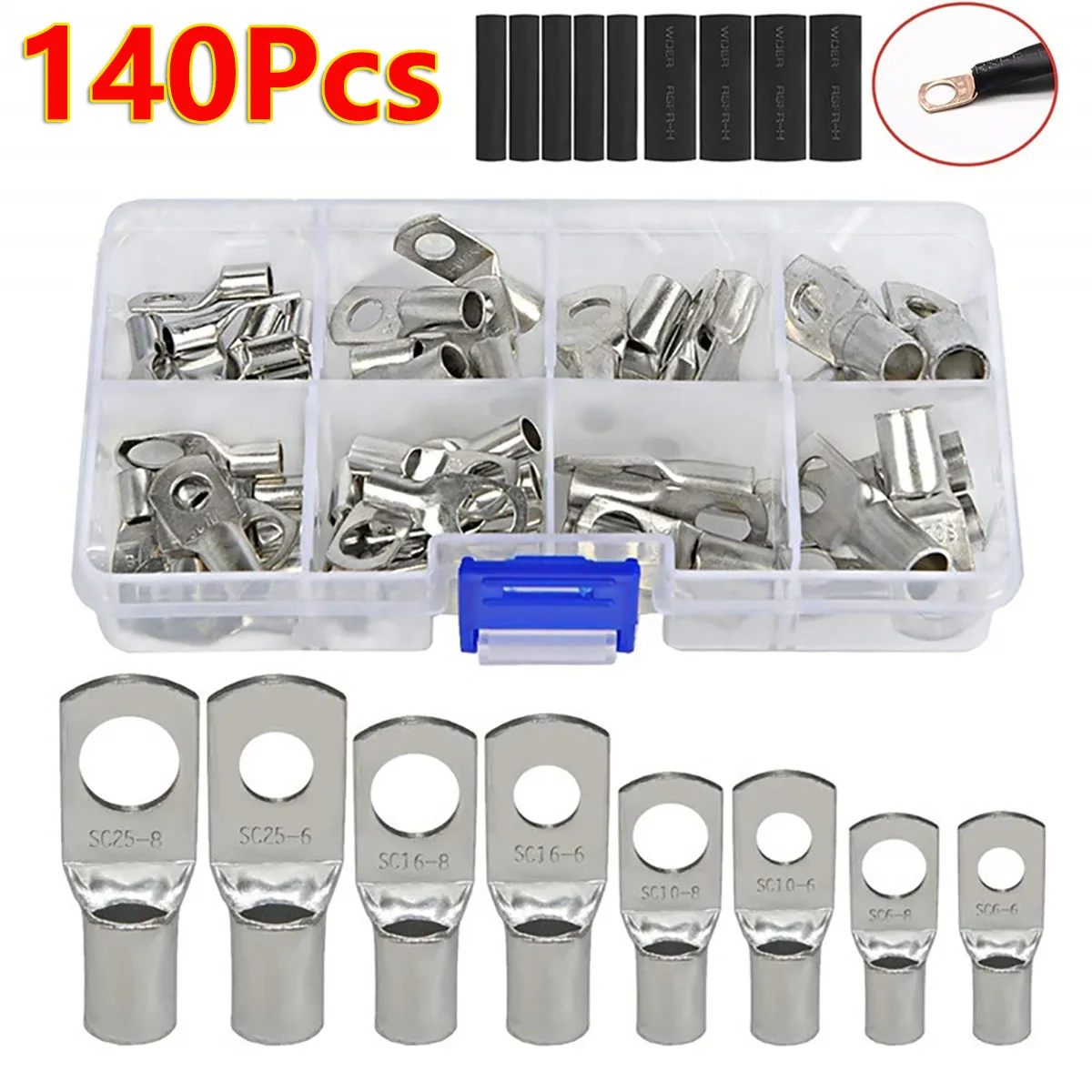 140Pcs Wire Lugs Ring Terminal Heat Shrink Tubing Cable Shoes Lugs Battery Cable End Set Ring Terminal Connector Kit Wire Copper