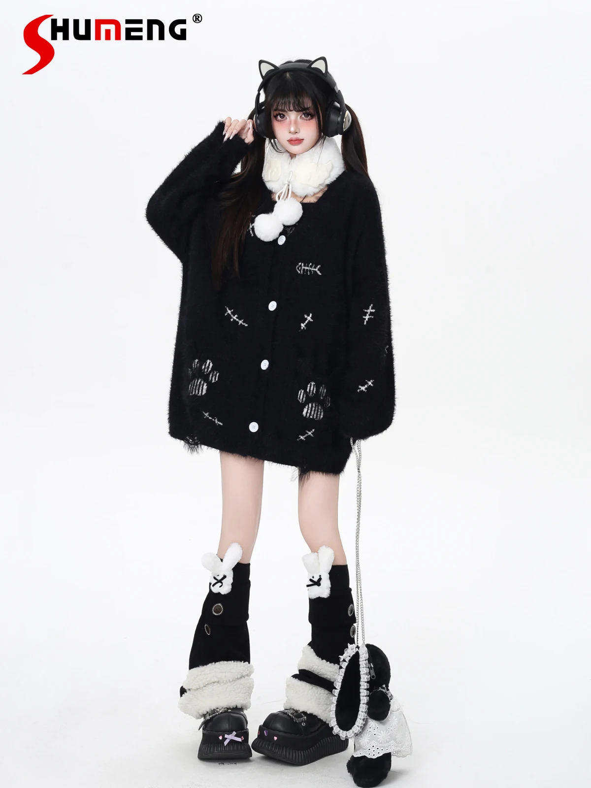 

Japanese Sweet Cool Girl Jacket Camisole 2pcs Set V-Neck Long Sleeve Single-Breasted Loose Versatile Knitted Cardigan Tops Women