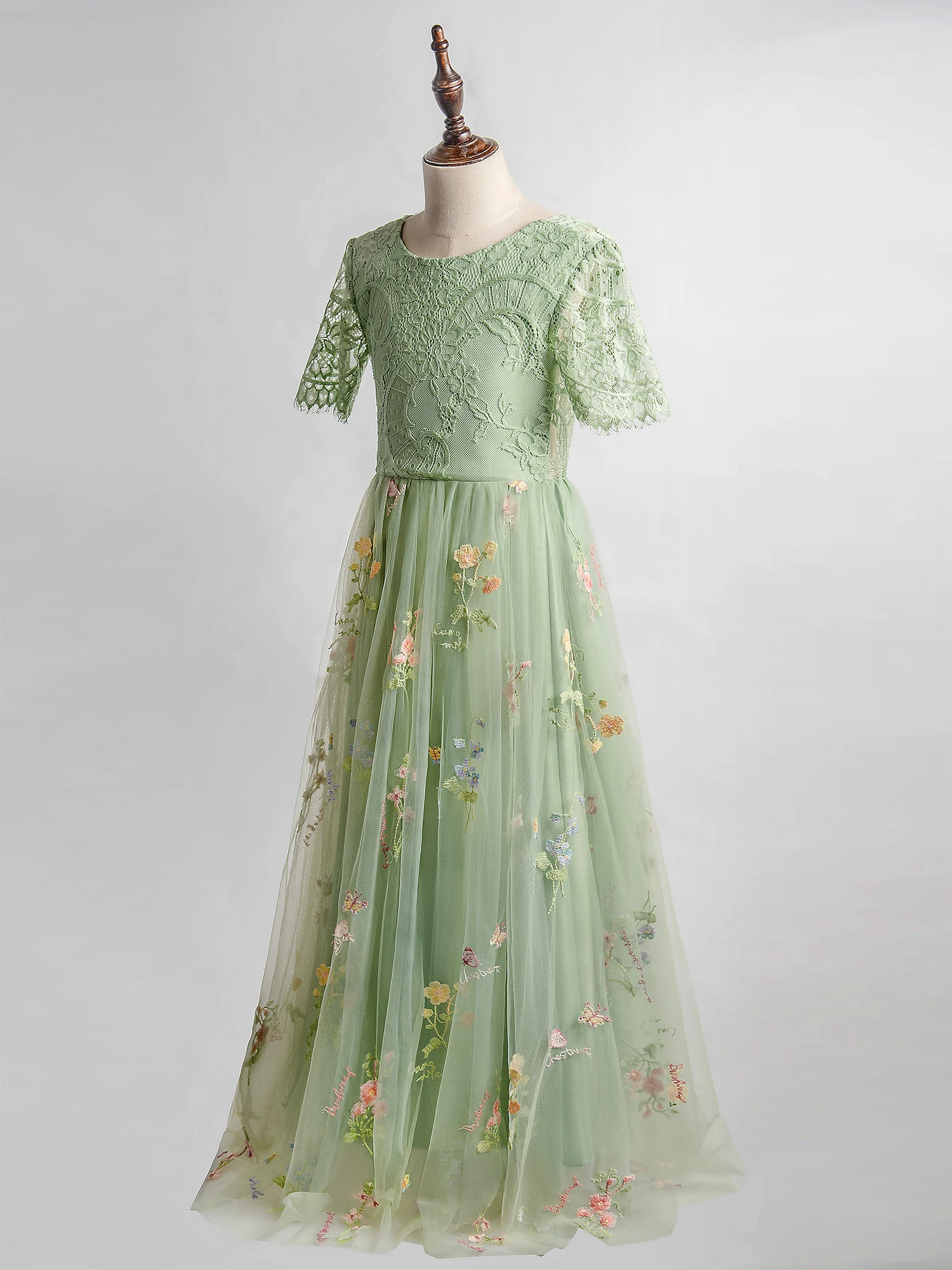 Robe en tulle brodée à fleurs vert sauge pour filles, manches courtes, robe de Rhde fête pour tout-petits, robe d'anniversaire pour bébé