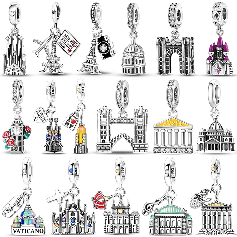 Original 925 Sterling Silver Saint Paulo Church Eiffel Tower Landmark Building Charms Fit Women Bracelets DIY Jewelry Gift