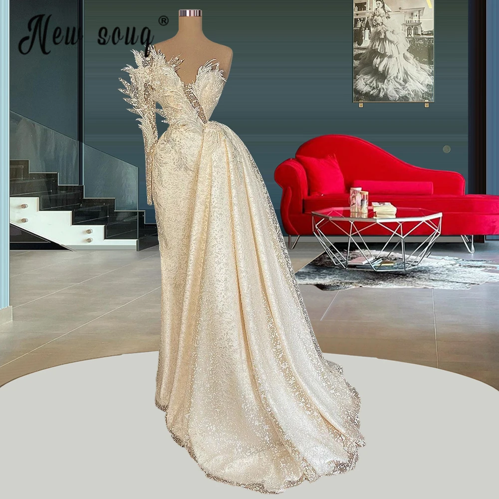 Unieke Een Mouwen Mermaid Trouwjurk Met Afneembare Trein Parels Kralen Robe De Mariee Bruidsjurken Lange Formele Gowns