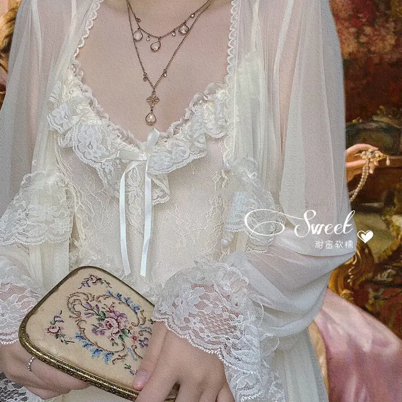 Lace Vintage Nightgown French Retro Court Style Ultra-thin Nightdress Dressing Gown V Neck Super Fairy Lounge Wear Home Summer