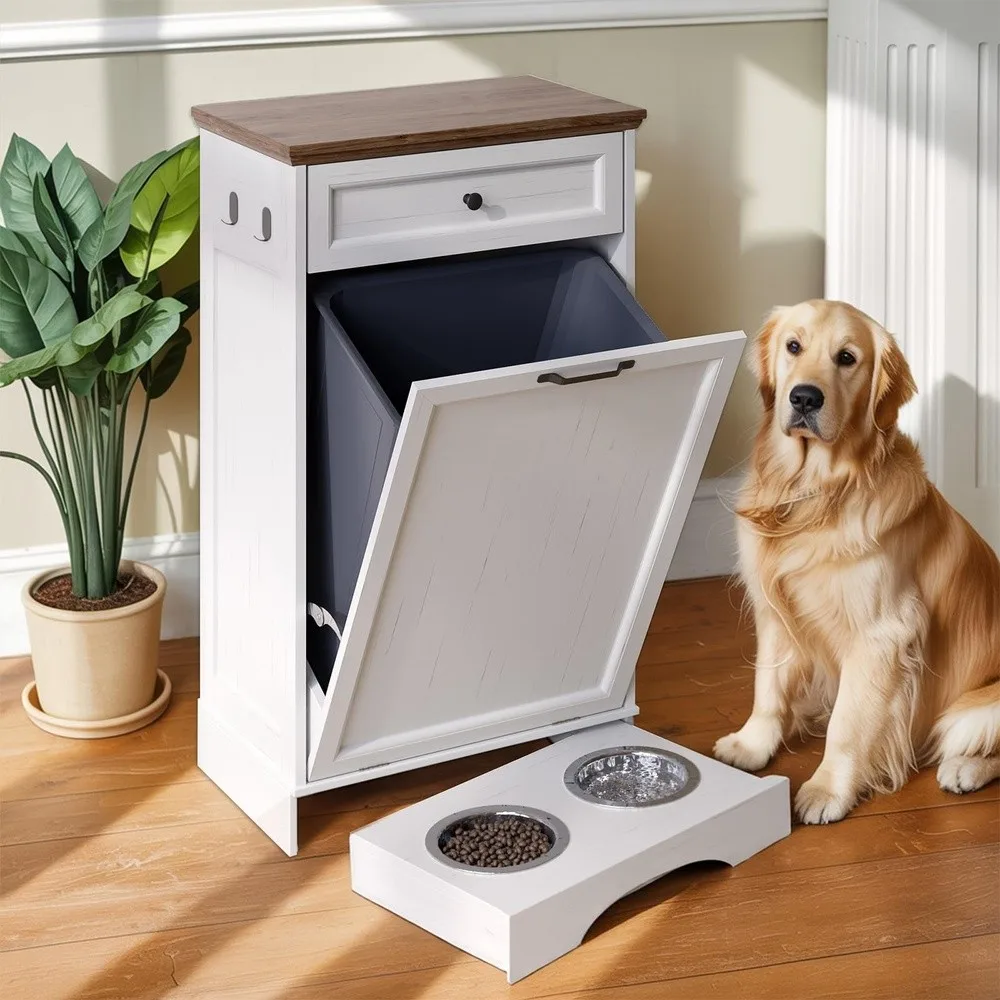 Tilt Out Trash Can Cabinet with Dog Bowl 10 Gallons Dog Feeding Station with Storage Cabinet Pet Food Cabinet with
