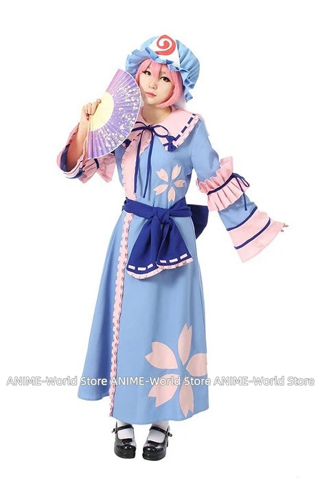 Game  Yuyuko Saigyouji Blue Cosplay Costume Full Set Custom Made Any Size Wig Shoes DF