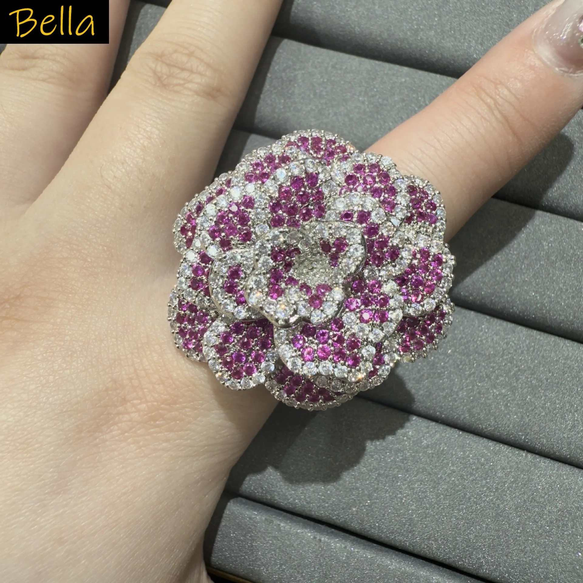 Gorgeous cubic zirconia ring for women luxury jewelry gala event wedding dinner party adjustable ring large flower multicolor