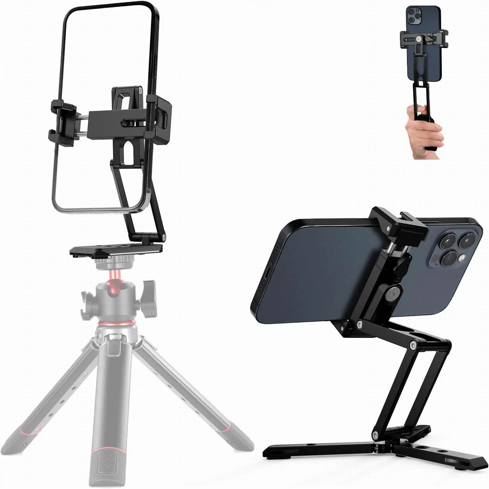 Metal Phone Clip Holder Multi Angle Tri Fold Cell Phone Holder Desktop Tripod Handheld Phone Grip for Streaming Vlogging