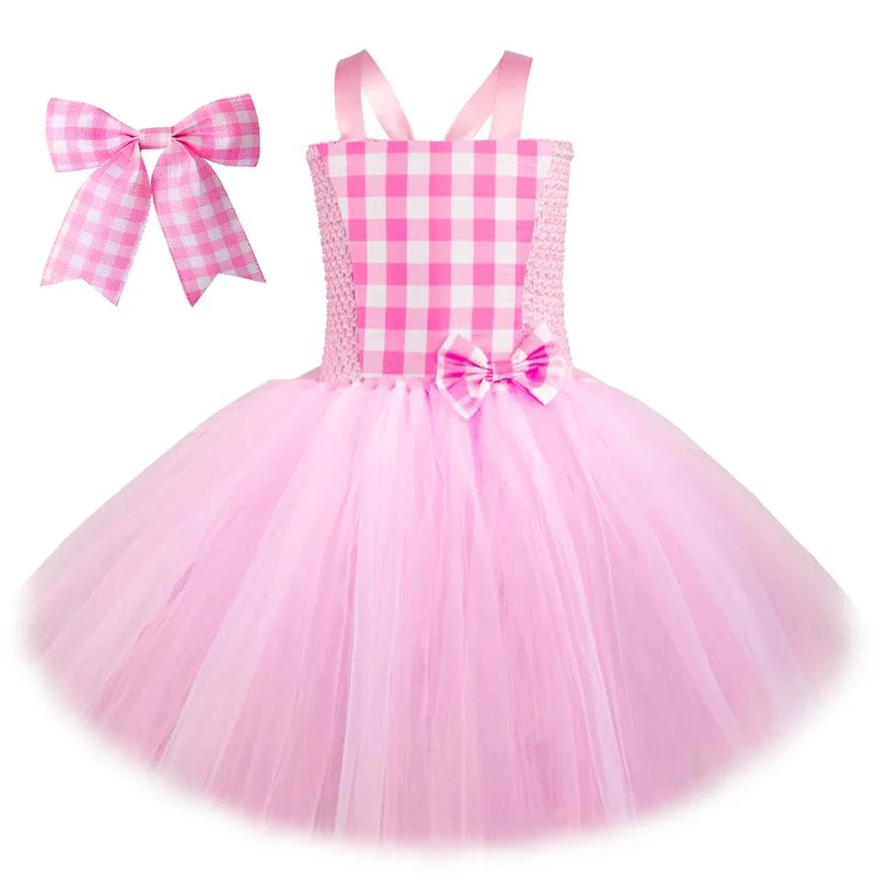 

Baby Pink Barbi Tutus Dresses for Girls Birthday Party Costumes Kids Christmas Halloween Outfits Princess Plaid Clothes with Bow