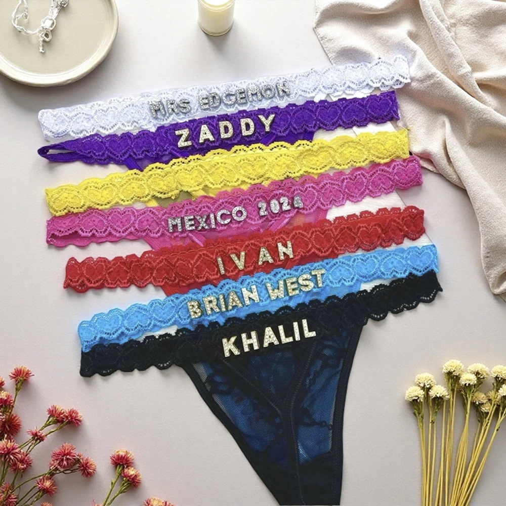 

Стринги на заказ с именем, кружевные стринги, нижнее белье со стразами и буквами, индивидуальный подарок на день рождения для жены, 7 цветов, M-XL