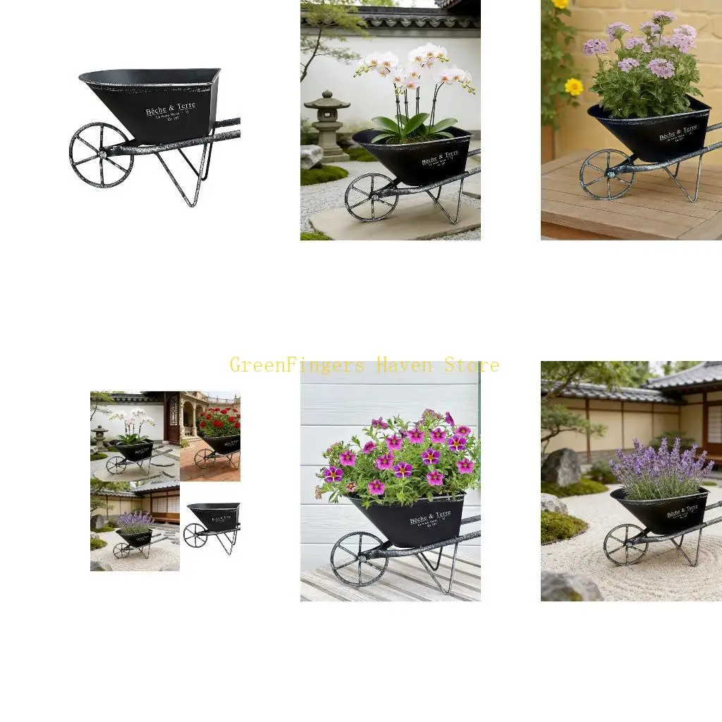 F68D Retro Single Wheel Cart Planter Rustproof Iron Flowerpot For Entrance Garden