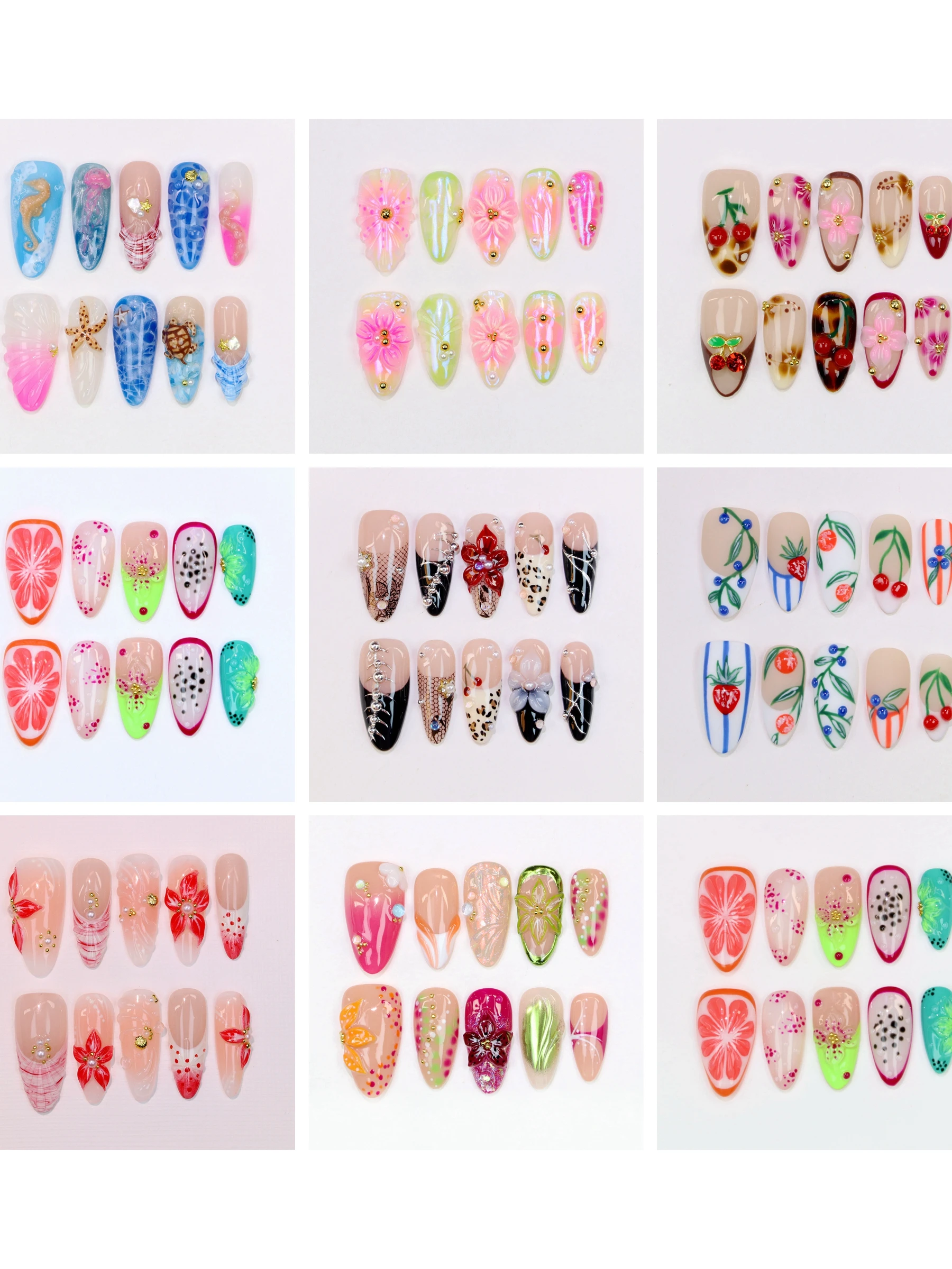 

10Pcs Y2K Hand-Painted Stylish Press On Nail,3D Acrylic Metallic Crystal Custom Design FreeStyle Almond Press Holiday Nails