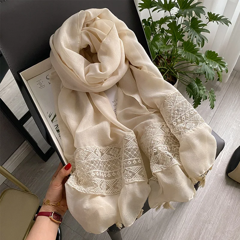 

Plain Big Size Lace Floral Patchwork Tassel Viscose Shawl Scarf Luxury Brand Laser Cut Pashmina Bufandas Muslim Hijab Wrap Snood