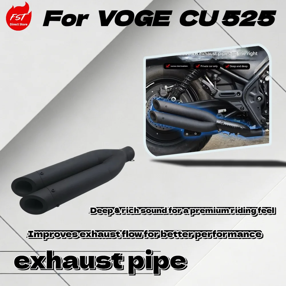 For Voge CU525, Modified 1 to 2 VH Exhaust System, Middle Pipe + Muffler, Deep Tone Motorcycle Parts
