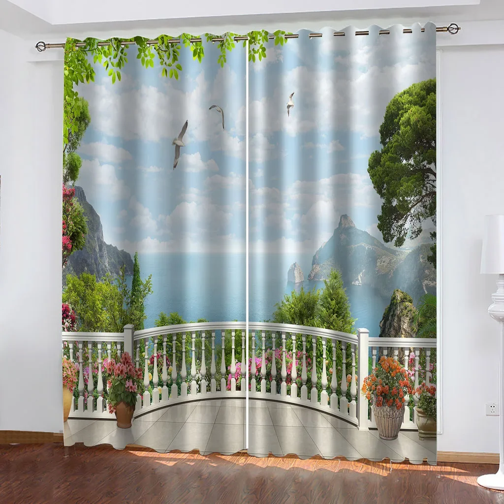 

HUANZHUANG Curtains Blackout Garden Balcony Sea View Modern Color Printing Curtain Living Room Bedroom Home Decoration Adult