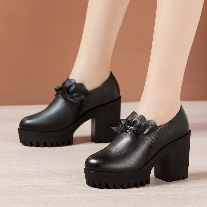 8cm 10cm Small Size 32-43 Deep Mouth Black Genuine Leather Shoes Women Platform Pumps 2024 Fall Block High Heels Shoes with Fur