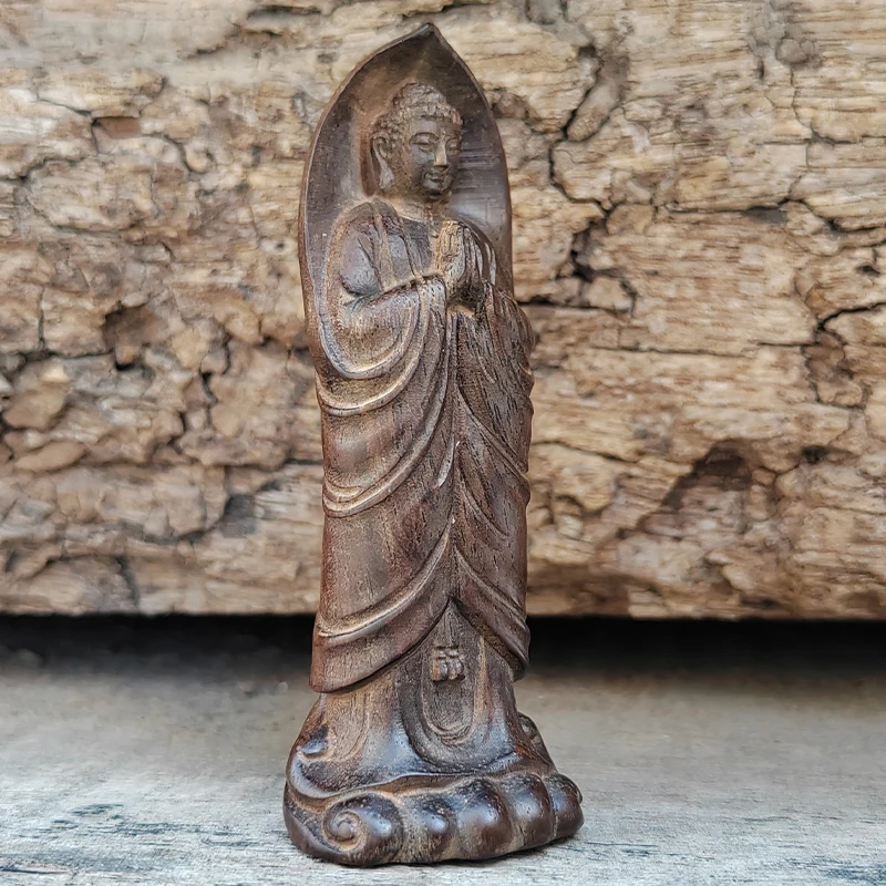 Ancient and Simple Wooden Buddha Statues with a Zen Charm |   Traditional Realistic Style Oriental Religious Art Ornaments, Compassionate Zen Statues, Home Meditation Decorations.