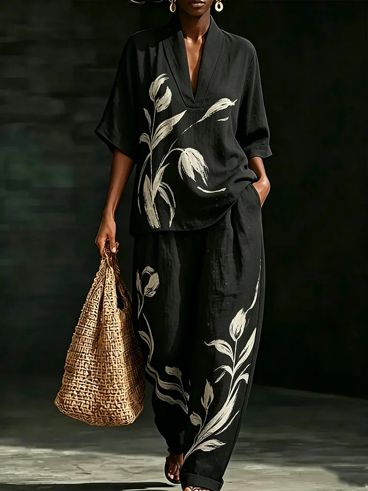 

Women's Vintage Print 2 Piece Matching Set Fashion V Neck Loose Top With Wide Leg Pants Side Pocket Summer Casual Outfit