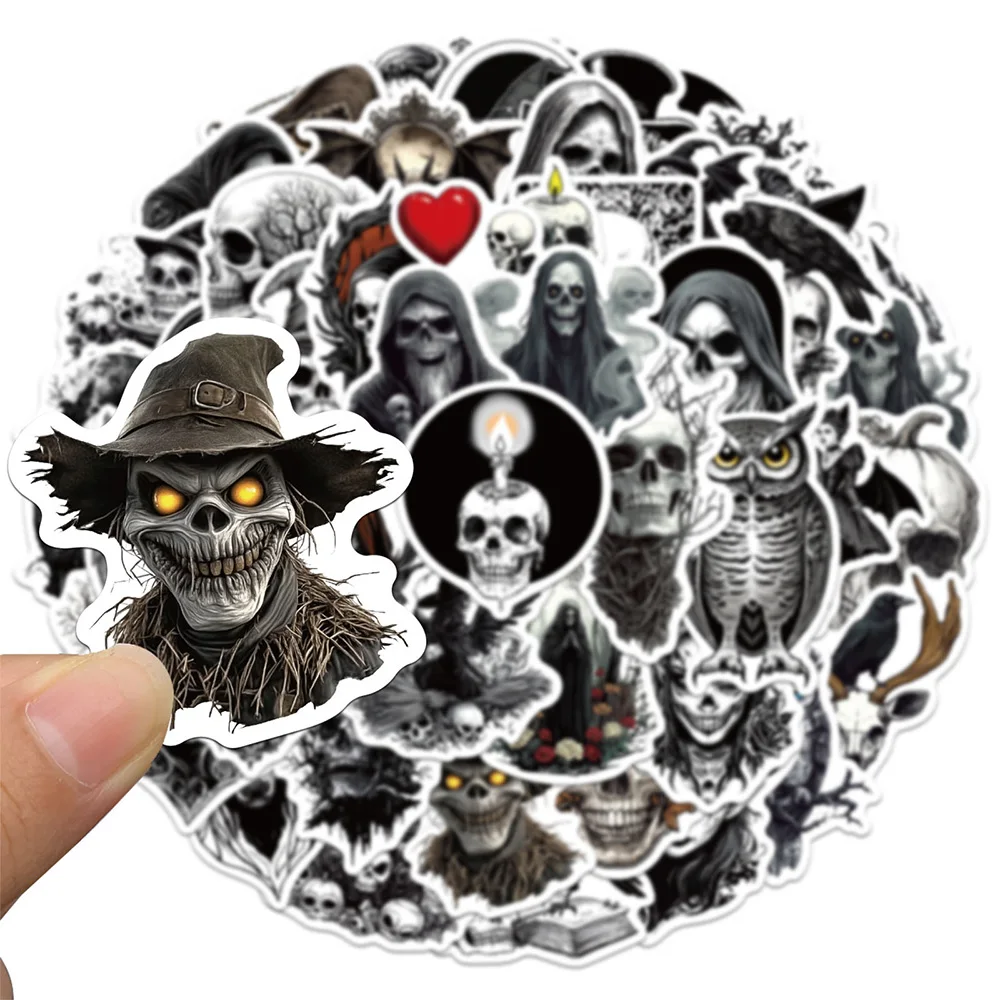 10/30/50pcs Cartoon Horror Black White Skull Stickers DIY Motorcycle Phone Laptop Cool Gothic Skeleton PVC Graffiti Decals Toys