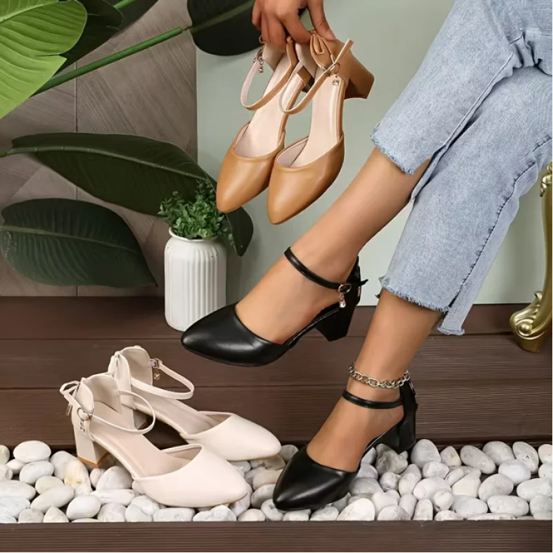 صنادل نسائية عصرية فرنسية أنيقة بكعب مكتنز وكعب عالٍ مع أشرطة بإبزيم وصنادل متوسطة الكعب مجوفة للسيدات #2