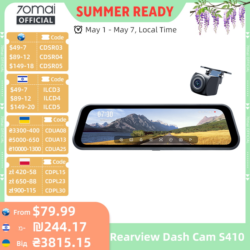  70mai Dash Cam S410 Touch Screen Full View 1944P External GPS 24H Parking Monitor Front and Backyup Car DVR Mirror 70mai S410 