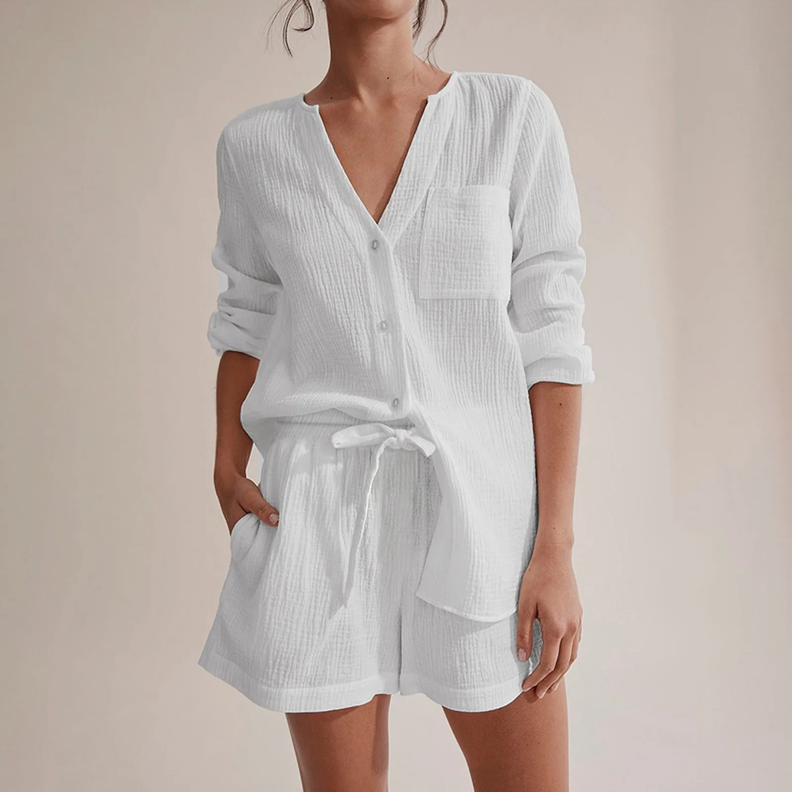 White Full Sleeve Shorts Suit Women Sleepwear 2024 Casual Short Sets V-neck Nightie With Shorts 2 Piece Set Ladies Pyjamas