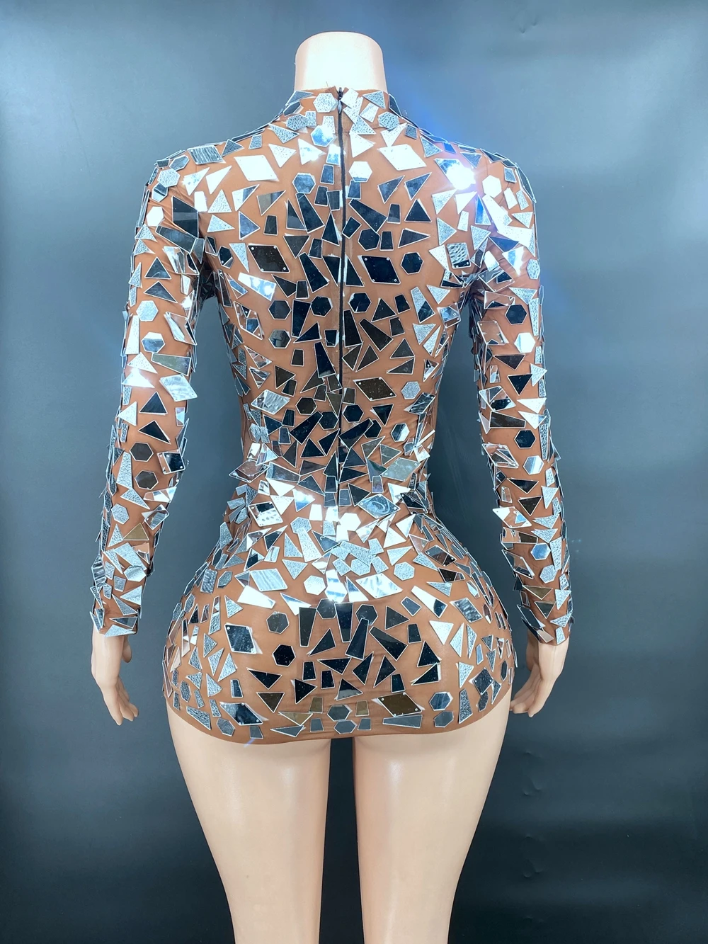 Shining Mirrors Long Sleeve Hollow Out Short Dress Sexy Mesh See Through Birthday Club Party Dress Singer Dancer Show Stage Wear