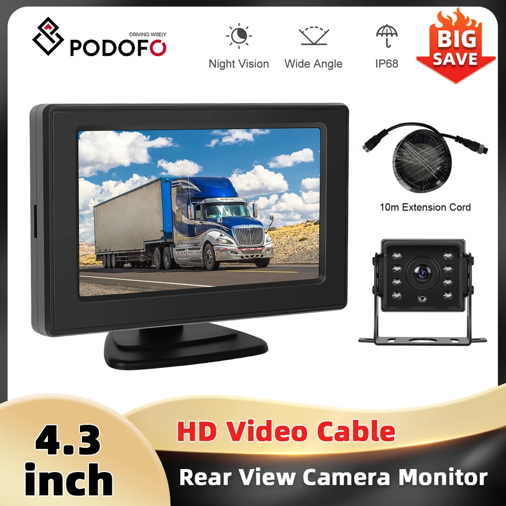 Podofo 4.3 ''Reversing Monitor with Back-up Camera Night Vision Waterproof Parking Monitor 9-36V Dashboard One-way Monitoring