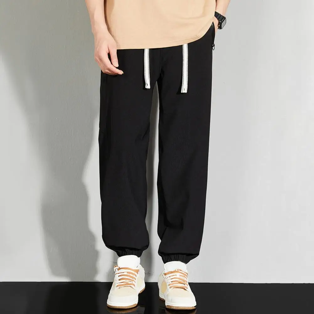 

Casual Loose Fit Men Trousers Men's Summer Drawstring Elastic Waist Ice Silk Pants with Quick-drying Pockets for Daily Wear