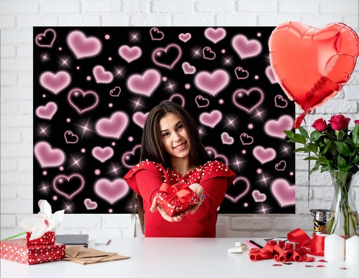 Розовые и черные сердечки, День Святого Валентина, фоны с любовью, компьютерная печать, товары для вечеринок, фоны для фотостудии
